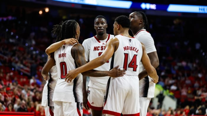 North Carolina State Wolfpack huddles during the first half against Duke Blue Devils at PNC Arena.